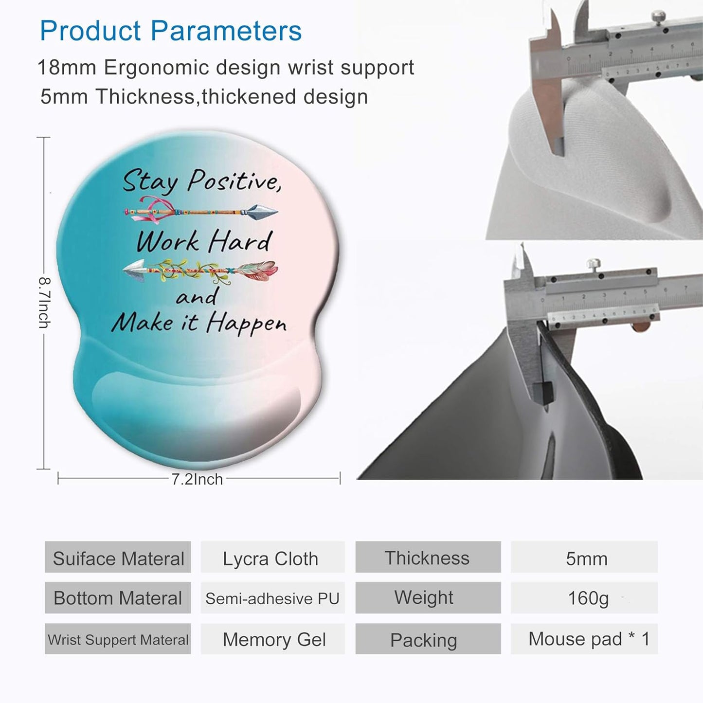 Ergonomic Mouse Pad with Gel Wrist Rest Support Non-Slip PU Base Stay Positive Work Hard and Make It Happen Inspirational Quote Cute Small Mouse Pad Pain Relief, 8.7 X 7.2 Inches