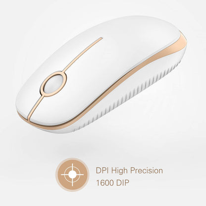 Wireless Mouse, 2.4G Slim Portable Computer Mouse with Nano Receiver Quiet Silent Optical Laptop Mouse for Notebook, PC, Laptop, Computer-White and Gold