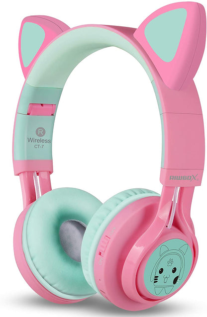 CT-7 Cat Ear Bluetooth Headphones, LED Light up Bluetooth Wireless over Ear Headphones with Microphone and Volume Control for Travel/School/Smartphones/Laptop/Pc/Tv (Pink&Green)