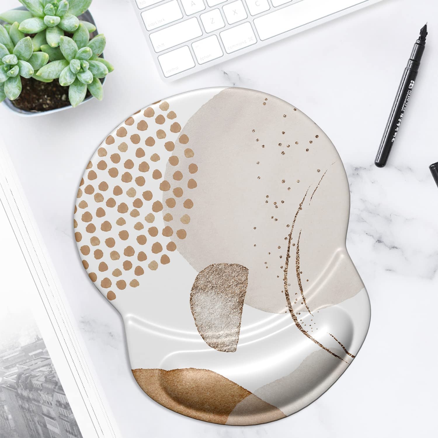 Ergonomic Mouse Pad with Gel Wrist Support Small Wrist Rest Smooth Surface Non-Slip PU Base Comfortable Office Supplies Pain Relief, 8.7 X 7.2 Inches, Abstract Art Orange