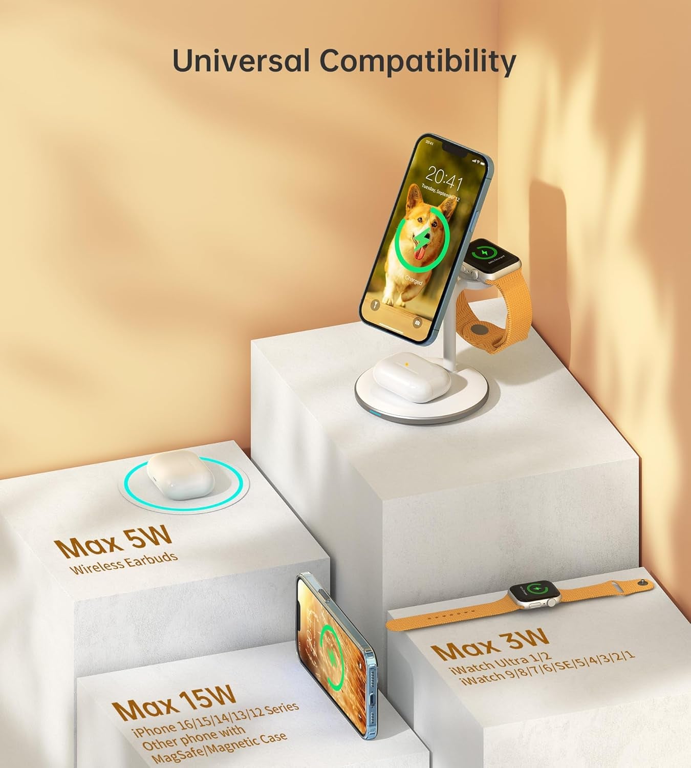 3 in 1 Wireless Charging Station for Apple Devices, Standard 15W Fast Wireless Mag-Safe Charger Stand with 20W Dapter for Iphone 16 15 14 13 12 Pro Max/Plus/Pro/Mini,Iwatch Ultra 1,2 S9/8.., Airpods