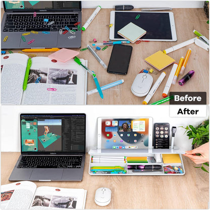 Glass Desk Whiteboard with Storage, Desktop Organizer To-Do List Memo Notepad Dry Erase White Board for Home Office and School Supplies (White)