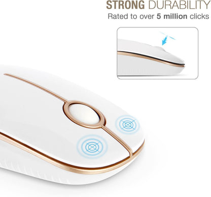Wireless Mouse, 2.4G Slim Portable Computer Mouse with Nano Receiver Quiet Silent Optical Laptop Mouse for Notebook, PC, Laptop, Computer-White and Gold
