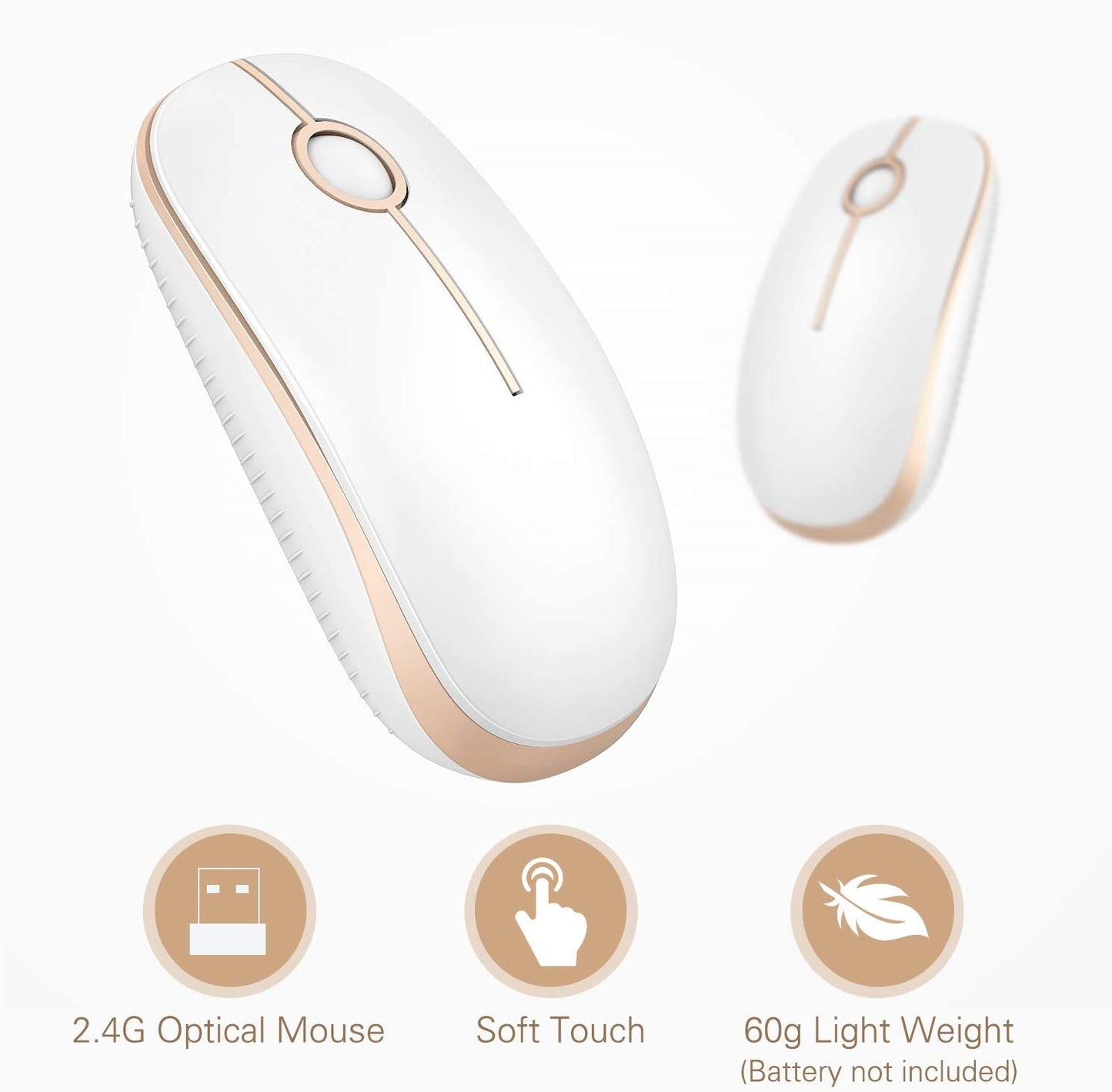 Wireless Mouse, 2.4G Slim Portable Computer Mouse with Nano Receiver Quiet Silent Optical Laptop Mouse for Notebook, PC, Laptop, Computer-White and Gold