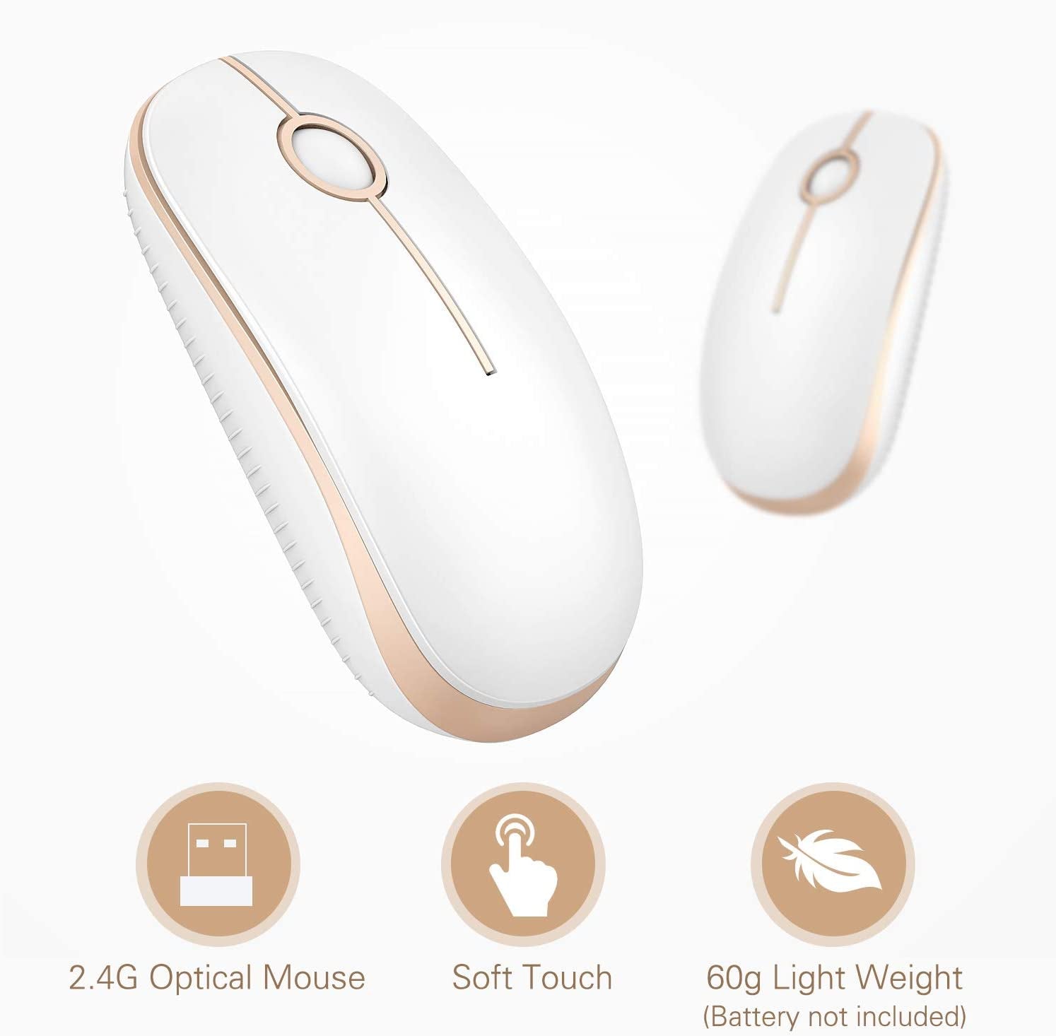Wireless Mouse, 2.4G Slim Portable Computer Mouse with Nano Receiver Quiet Silent Optical Laptop Mouse for Notebook, PC, Laptop, Computer-White and Gold