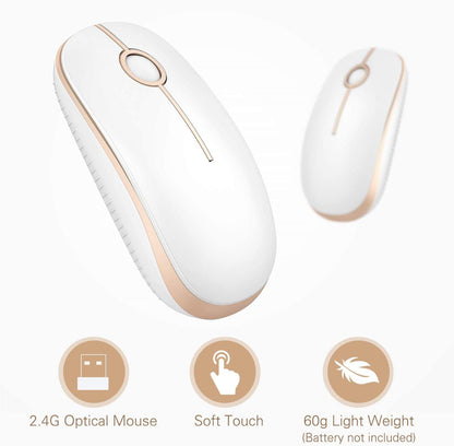 Wireless Mouse, 2.4G Slim Portable Computer Mouse with Nano Receiver Quiet Silent Optical Laptop Mouse for Notebook, PC, Laptop, Computer-White and Gold